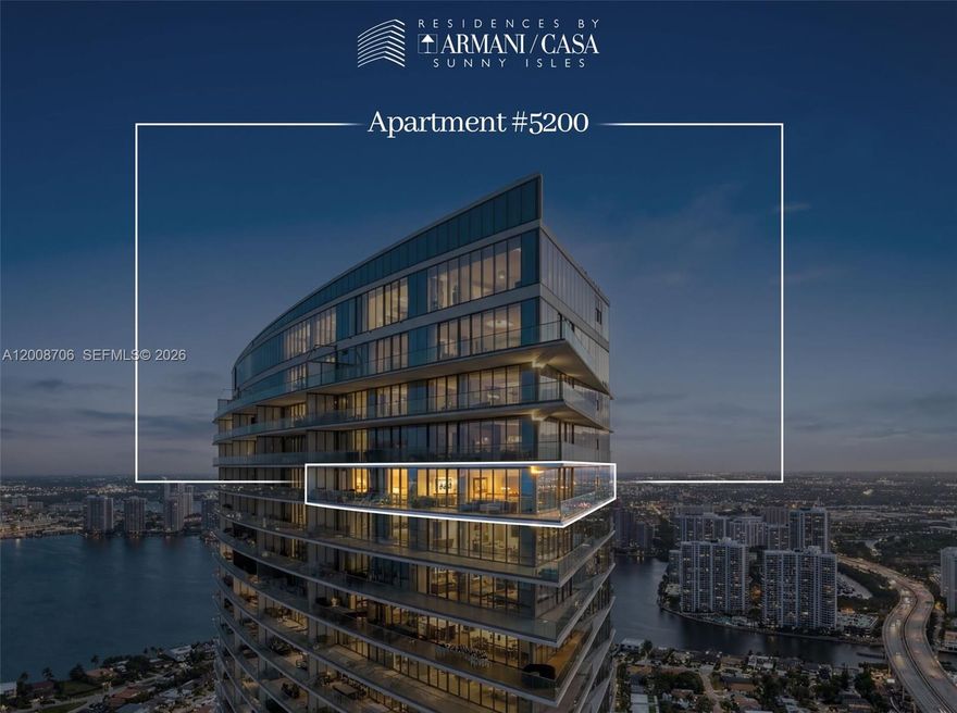 Introducing unparalleled oceanfront living at Residence 5200 in the iconic Armani Casa Residences Sunny Isles Beach, a world-class tower designed by Giorgio Armani in collaboration with César Pelli. This high-floor residence offers expansive living spaces framed by floor-to-ceiling glass and sweeping views of the Atlantic, Intracoastal Waterway, and city skyline.
A private elevator entry opens to ultra-refined interiors featuring custom European finishes, elegant stone flooring and a thoughtfully designed open layout ideal for both everyday living and entertaining. The chef’s kitchen exceptionally appointed with sleek cabinetry and a spacious island, seamlessly connecting to formal living and dining areas that extend onto oversized terraces - with direct oceanfront vistas.
The dream-like ocean views continue in the primary suite with a generous walk-in closet and a spa-inspired bath, soaking tub, and glass-enclosed shower. Additional bedroom suites offer comfort, privacy, and flexible use for guests or office space.
Residents enjoy access to over 35,000 square feet of curated amenities, oceanfront pools, private beach service, spa and wellness facilities, fitness center, restaurant/coffee bar, concierge, and 24-hour security.
Ideally located in the heart of Sunny Isles Beach, moments from Bal Harbour Shops, fine dining, and international airports, Residence 5200 presents a rare opportunity to own within one of South Florida’s most prestigious branded residences.