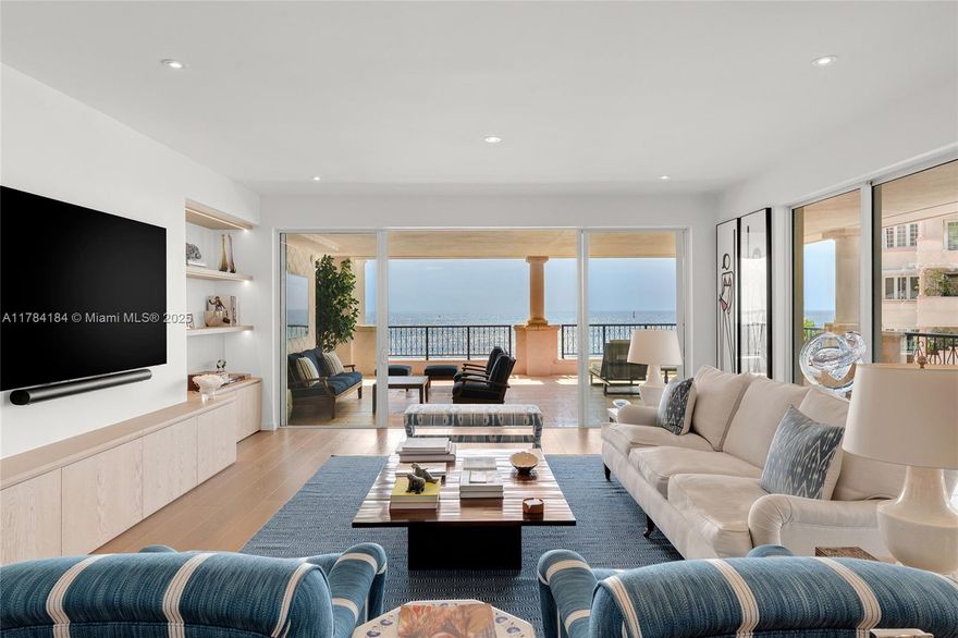 This stunning, completely renovated 3BR/4.5BA Oceanside corner unit spans 3,959 SF & offers a wraparound terrace w/breathtaking sunrises over the Atlantic Ocean & sunsets over the Miami skyline. The Interior features hardwood floors, designer finishes, & custom lighting throughout. An open east-west flow-through layout surrounded by floor-to-ceiling glass, seamlessly connects the living & dining areas to the expansive 1,721SF terrace w/outdoor seating & dining. Bulthaup kitchen sports top-tier Gaggenau appliances, a large island & is complemented by a custom wet bar. A luxurious principal suite features terrace access, ocean views, dual walk-in closets, & dual spa-style bathrooms. Two additional bedrooms both w/ensuite baths, & share a balcony with Miami skyline & Fisher golf course views.
