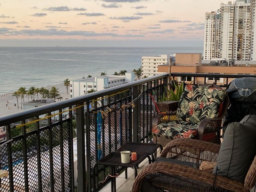 Rare high-floor 2BR/2BA corner unit with wraparound balcony and direct East Ocean views. Enjoy stunning sunrises over the ocean, Intracoastal vistas, and sunset skyline views. Features include full-size washer/dryer and generous closet space.  Just steps from the iconic Hollywood Beach Broadwalk with oceanfront dining, shops, and entertainment. Ideally situated between Miami and Fort Lauderdale, with easy access to airports, fine dining, shopping, and nightlife. Perfect as a vacation home, seasonal escape, or full-time tropical retreat. Maintenance covers cable, internet, water, and assigned parking. Amenities include 24/7 surveillance, heated pool, sauna, BBQ area, billiards, and ping pong. Investor-friendly—rent immediately.