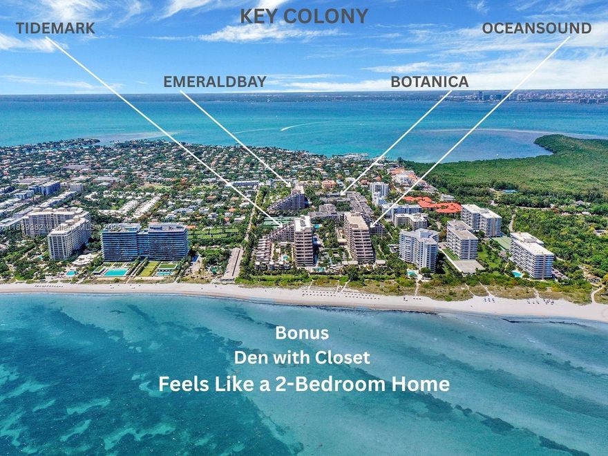 Step into this beautifully remodeled 1,059 sq ft condo in Key Biscayne that feels like a 2-bedroom home, featuring a spacious primary bedroom, a versatile den with closet, and two full bathrooms. Fully remodeled with permits, including the den and second bathroom, this thoughtfully upgraded unit offers flexibility for a guest room, home office, or nursery. Additional highlights include in-unit laundry and one assigned parking space. Located in the sought-after Key Colony, Tidemark, enjoy a resort-style lifestyle with direct beach access, multiple pools, a fully equipped gym, numerous tennis courts, and beautifully landscaped grounds filled with nature. Some photos have been virtually staged.
