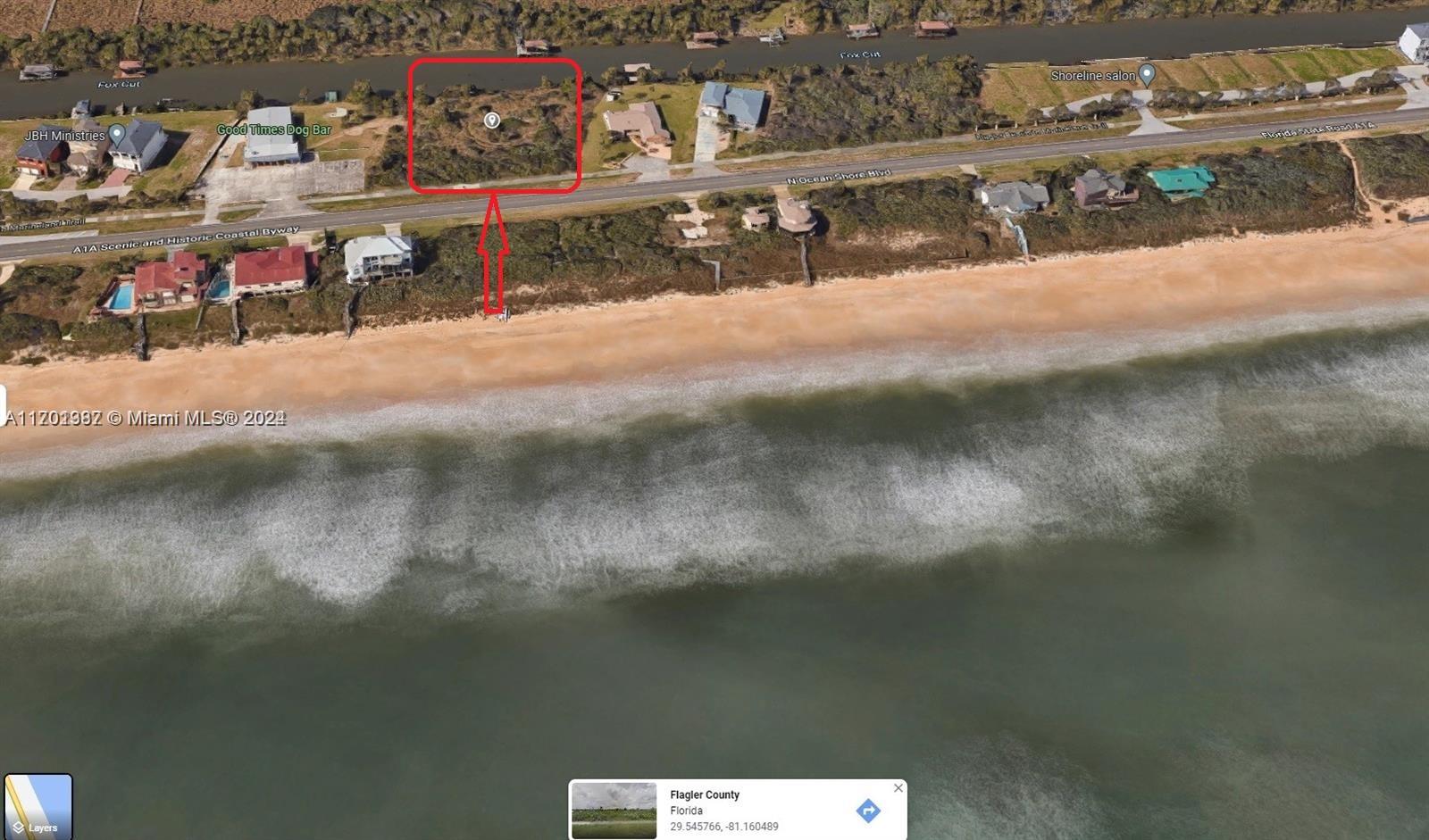 A BEAUTIFUL PARCEL ON A1A IN FLAGLER COUNTY ACROSS THE ROAD IS THE ATLANTIC OCEAN AND THE BACK OF THIS PROPERTY IS A WATERWAY LOCALS CALL FOX CUT WHICH LEADS TO ST JOHNS INLET, THE PROPERTY ZONED SINGLE FAMILY RECIDENCE AND COMMERCIAL. LANDLORD WOULD CONSIDER TO LEASE OUT THIS PROPERTY WHICH COULD BE USED FOR PARKING (RV'S), RESTAURANTS, BANKS, FRANCHISES ETC. WATER, SEWER AND ELECTRICITY IS ALRADY IN PLACE