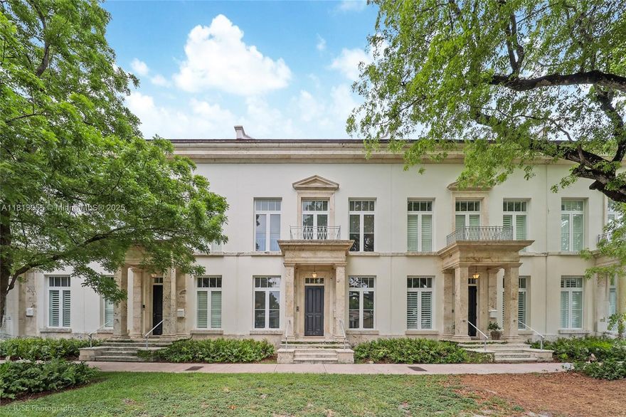 Meticulously redone in 2019, indulge in luxury at the architecturally awarded Almeria ROW ONE, designed by renowned Maria de la Guardia, distinguished by the Row House stone-clad exterior and sky-lit curving staircase, built by Venny Torre, known for excellence. 2019 curated finishes, renovated kitchen w/Sub Zero/Viking appliances, electric blinds, new AV, elevator, and solar panels. Natural light floods the upstairs landing, opening to the primary and Jr. suites, renovated bathrooms, walk-ins. Double doors and a wall of floor to ceiling windows off the kitchen and family room open to the private courtyard retreat with a European pool. Two en-suites, above the detached oversized garage, add to the flexible floor plan. Impeccable, sophisticated, this residence defines upscale urban living.
