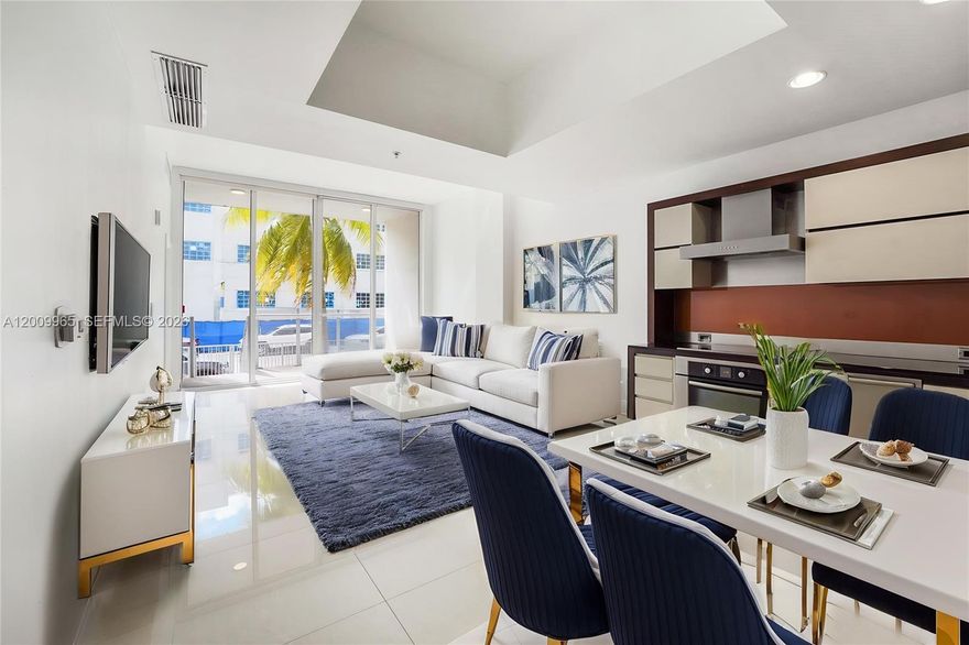 Rarely available, ground floor unit with a large patio extending to a private, gated yard - ideal for dog owners! Artecity South is luxury boutique building located in an Art Deco area of South Beach, walking distance to many restaurants, luxury hotels and shopping on Collins Ave, the beach, and across beautiful Collins Park. Inside, high ceilings, large living room with open kitchen, stainless steel appliances, bedroom with modern bath and closets. Amenities include beach service, 2 pools, gym, game room/lounge, concierge service. With its private gated yard and being next to Collins Park, this condo is a dog lovers dream home!