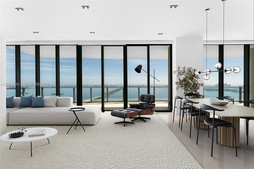 Experience luxury living in this stunning corner penthouse at One Paraiso, in Edgewater. This spacious 5BR,/5.5BA unit, offers 2,887SF of refined living space & private elevator entry. Gres Porcellanato floors throughout, dual terraces w/breathtaking sunrise & sunset views in all directions—North, South, East & West. Open living room extends from the dining area, featuring floor-to-ceiling windows/doors that open to an expansive terrace with direct bay & ocean views. A Chef’s kitchen boasts a marble island, custom cabinetry & top-tier appliances. Primary suite offers direct terrace access, dual walk-in closets, & spa-style bathroom - oversized rain shower & sunken tub.
3 additional BR’s includes a staff BR all with ensuite baths. Amazing location & lux amenities complete this offering.