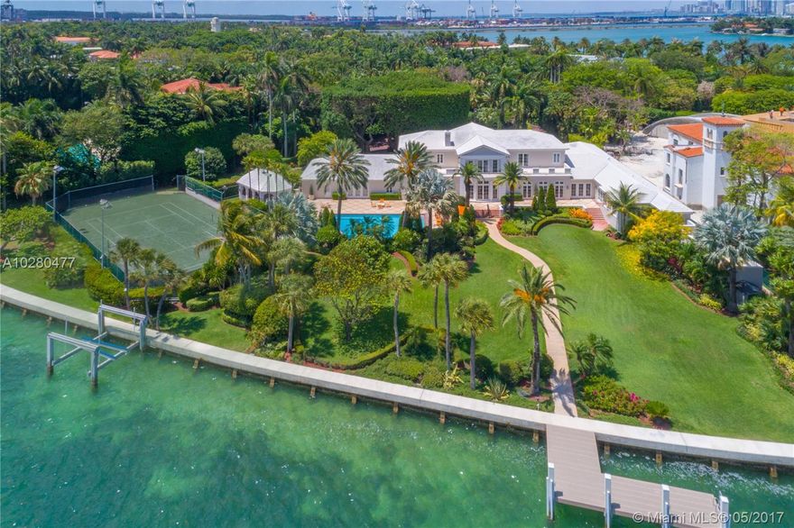 A rare opportunity to own this unique 1.85 acre estate on the prestigious Star Island, on the market for the first time in 44 years! This premiere estate situated on the most sought after north side of Star Island offers unparalleled unobstructed wide open water views of Biscayne Bay. This grand 7 BD,7.5 BA residence is located on a spectacular 80,664 SF lot, boasting 327 feet of waterfrontage. Take in sweeping ocean breezes from the East throughout the expansive grounds, in the sparkling pool, or out on the lighted tennis court. Enjoy living in one of 34 homes on this elite and exclusive island paradise.