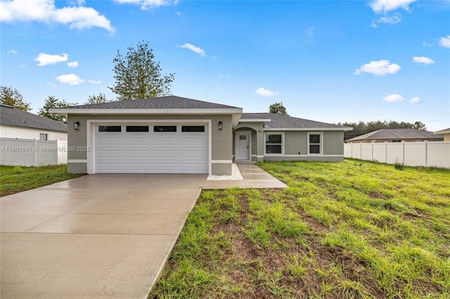 Don’t miss this brand-new home in Southeast Ocala/Silver Springs Shores! Situated on a .23-acre lot at 31 Juniper Dr, this 3BR/2BA residence offers quality construction, an open-concept layout, and modern finishes. Enjoy a gourmet kitchen with granite, custom cabinets, and island seating that flows into the dining and living areas. The owner’s suite features dual sinks, a tiled walk-in shower, and a large walk-in closet. Two additional bedrooms share a stylish bath. Highlights include luxury vinyl plank flooring, energy-efficient design, 2-car garage, inside laundry, covered porch, and no HOA fees. Conveniently located near schools, shopping, dining, and highways—this home is a must-see!