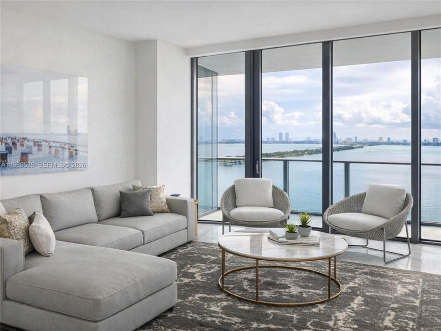 Experience the trendsetting GranParaiso building in Edgewater, Miami’s hottest new neighborhood. This beautiful furnished 1-bedroom, 2-bath residence+DEN private elevator,private lobby boasts floor-to-ceiling windows and a balcony with breathtaking water views. Featuring tile flooring throughout, the unit is designed by renowned architect Piero Lissoni with landscaping by Swiss architect Enzo Enea. Enjoy premium amenities such as a kids' play area, clubroom, fitness center, golf, theater, pool, spinning, spa/hot tub, bowling room, tennis courts, and access to GranParaiso’s exclusive beach club. Set directly on Biscayne Bay, the Beach Club includes a restaurant by award-winning chef Michael Schwartz. Located in North Edgewater, with easy access to I-95, Miami Beach, and the Design District.