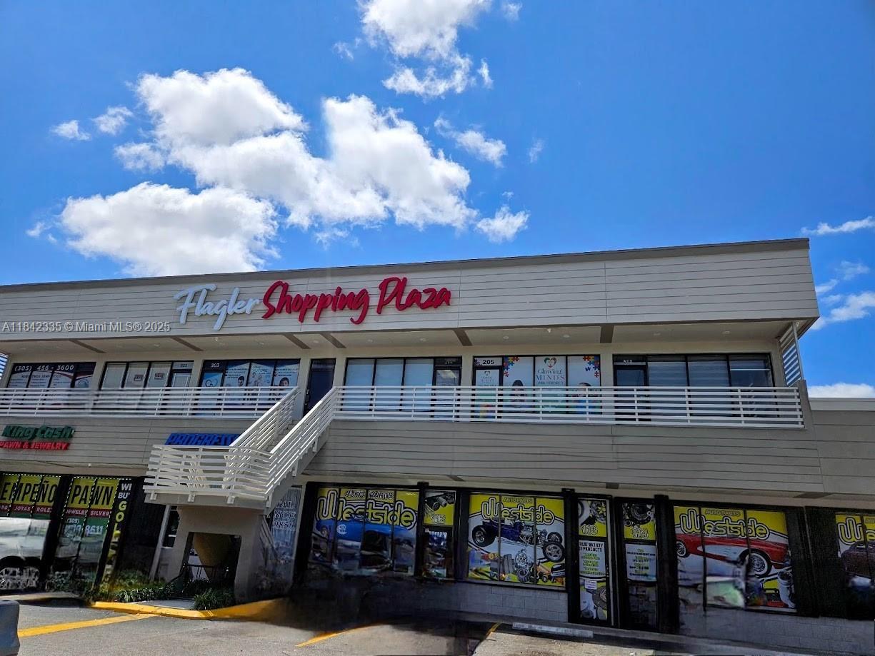 Prime office space # 203 to lease in excellent location in Flagler Shopping Plaza. Large office space on the second floor730 SQ F with a private bathroom. Reception area. Plenty space for parking. Office space will be available starting September 01 . Shopping plaza is home to long time tenants that are well established and frequented by local community.