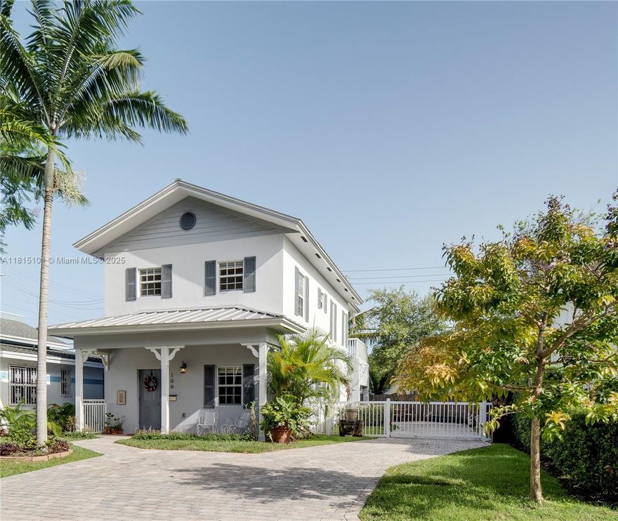 Old world charm with the comfort of new construction in Coral Gables! Enjoy walking to nearby shops, parks, restaurants, and top magnet schools from this move-in ready, two-story home. Newly constructed in 2016, this sunlit home features 3 bedrooms, 3.5 bathrooms. Warm cypress hardwood floors throughout are complemented by neutral ceramic tile in the bathrooms, while granite countertops complete the galley kitchen. Expansive primary bedroom boasts vaulted ceilings, 2 walk-in closets, double sink vanity, and spacious balcony. Sizable 2nd bedroom features en-suite bathroom with tub. Downstairs bedroom has separate access from the side of the house. Finished, air-conditioned garage and gated driveway provide ample parking. A charming, private garden enhances the rear of the property.