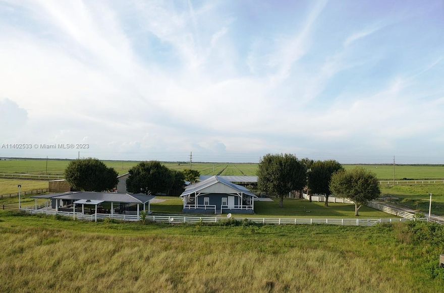 One of a kind 685 acres working Ranch w/cash flow,10 min. from Okeechobee Town, 5 contiguous parcels with perimeter fences, Bahia Alta pastures, intertwined by long meandering water canals,4 large lakes, 20 ponds, 2 underground freshwater wells, 2 gravity water tank 10 tons e/o, 2 silos, 33 paddocks, a private bridge that allows livestock to graze all year round, even during severe rains, warehouse, barn, garage, shed, chicken coop, farmyard, a romantic courtyard home with 3 bed,3 bath and the immense multipurpose terrace for parties. An opportunity that you cannot miss. Livestock and equipment not included in the price.