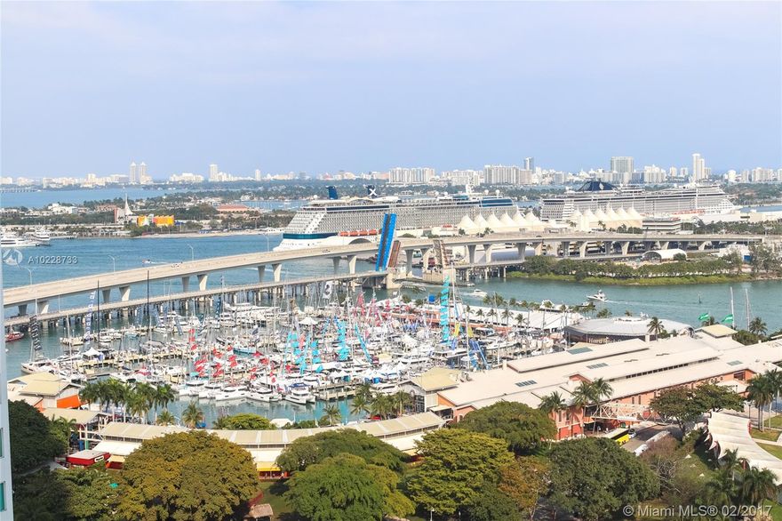 Enjoy this beautiful Turn-Key condo at Vizcayne. Features breathtaking bay and city views, Miami Beach and beyond, across from Bayside, and Bayfront park. Corner unit with 2 bedrooms and 2 full baths, 1 parking space, and a private storage. Luxury amenities, valet, elegant lobby, exercise room, resort like pool area with 4 pools, theater room, business centers. Walk to countless restaurants, shops, and only minutes from the beach. The condo can be rented 12 times per year. Great for investors.