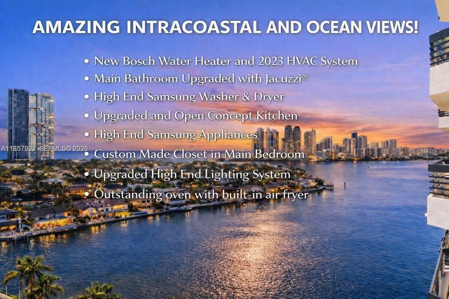 Wake up to sweeping ocean and Intracoastal views that fill the home with natural light and set the tone for effortless waterfront living. This fully remodeled Aventura residence lives generously, with a versatile enclosed den that serves as a second bedroom or ideal for a home office, guest space, or quiet retreat. Designed for both everyday comfort and entertaining, the open kitchen anchors the home with sleek finishes and high-end Samsung appliances, including an oven with a built-in air fryer. Thoughtful upgrades throughout—such as a 2023 HVAC system, 2023 Bosch water heater, new Samsung washer and dryer, custom closets, and designer lighting—enhance both function and style. The spa-inspired primary bath offers a jacuzzi and precision water temperature control, creating a relaxing, hotel-like experience at home. True resort-style community featuring tennis, pickleball, and basketball courts, lush landscaped grounds, an optional and full-service marina, on-site market and coffee shop, fine dining option, and dog park. Minutes from Aventura Mall, beaches, houses of worship, and major airports. Covered parking included. This is refined waterfront living designed to be enjoyed every day.