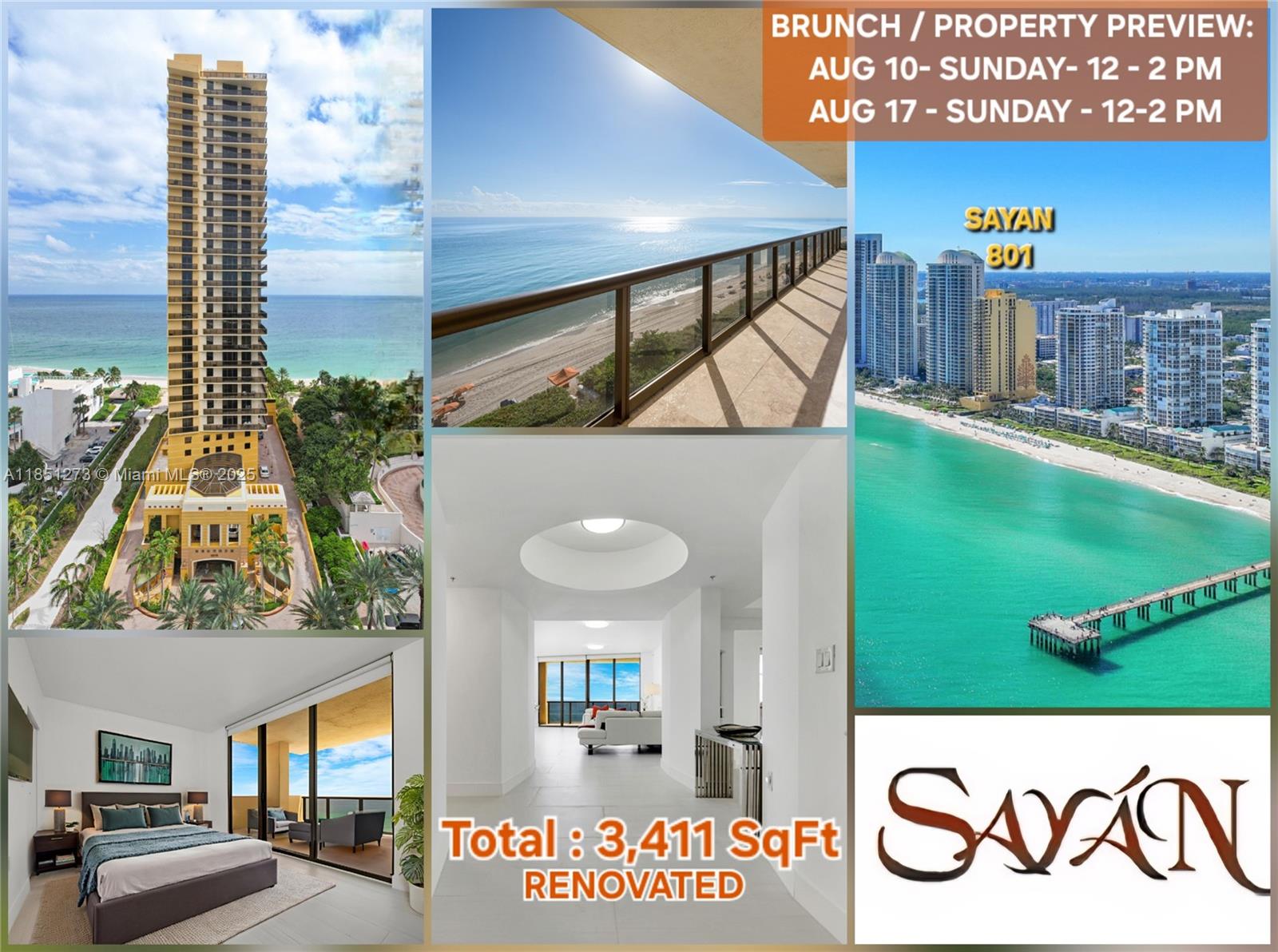 Join us for a HAPPY HOUR & Property Preview this Sunday, August 10th, from 12-2 PM! RSVP now. SAYAN is truly the best cost-benefit luxury oceanfront residence in Sunny Isles, offering: Total: 3,411 SqFt at less than $600 per square foot, Similar comparables units selling from $2.2M to $4.7M, #801 feature the best floor plans & ocean views. w/ substantial renovations (over $200,000) that include: new porcelain floor, hurricane impact windows, new bathrooms, custom closets & much more. Also Wraparound terrace w/ panoramic ocean views, Gourmet kitchen, 9.5' ceilings. Residents enjoy resort-style amenities, 24-hour concierge, Beach service, Pool, spa, gym, Wine bar, Business center, Two parking spaces, Valet service, Elegant lobby, Ideally located near Bal Harbour Shops & Aventura Mall.