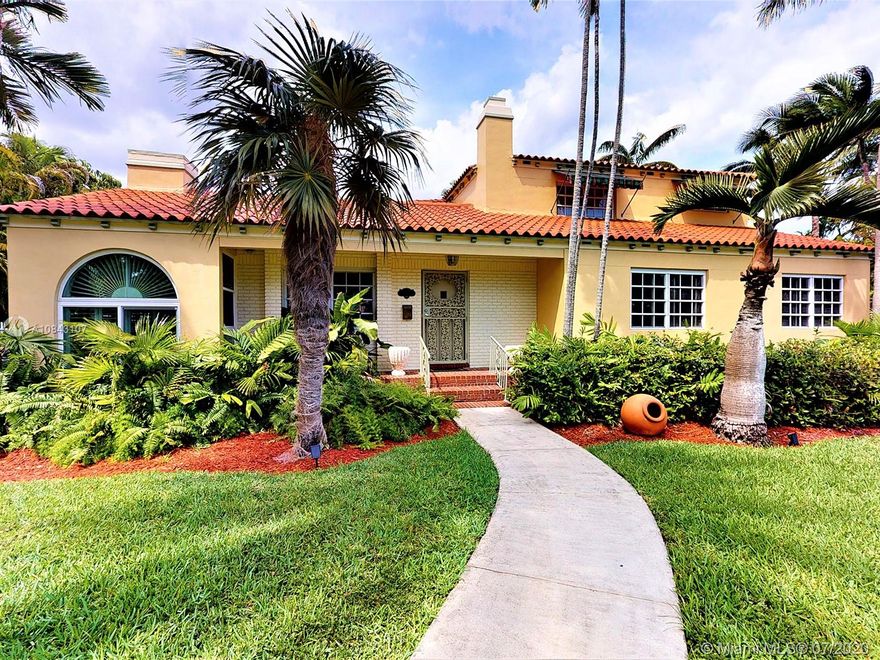 1940's Charm on one of Miami Shores' most beautiful streets!  Main house w/two possible master suites, both include sitting areas, plus a third bedroom and attached 1/1 cottage. This home sits on a 17,750 lot & offers plenty of room to expand, build a pool, or enjoy your own private compound. Entry introduces you to a charming living, dining & sun room w/ cove ceilings, f/p & French doors to a large covered patio.  Original kitchen can be preserved or renovated to accommodate personal taste. Breezeway off the kitchen leads to the 1/1 cottage. Please view 3-D virtual tour.