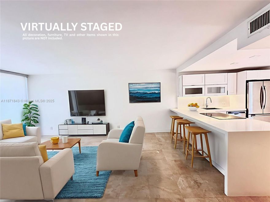 COME TO SEE IT IN PERSON!    STUNNING RENOVATION. MOVE-IN READY!  YOUR PERFECT NEW HOME AWAITS!   Beautifully updated and impeccably maintained. Modern open-concept kitchen with stainless steel appliances. Elegant marble flooring throughout. Stylish renovated bathrooms and a spacious walk-in closet. Balcony with serene views to the golf course.  1 convenient Parking Space.  Low monthly fee (only $ 735) includes: High-speed Internet, Cable-TV with 3 boxes, Hot Water, Pool, Fitness Room, Social Room and 24hr Security in the community.  All this in a PRIME AVENTURA LOCATION – just minutes from the beach, world-class shopping at Aventura Mall, fine dining and more.   Don’t miss out – SCHEDULE YOUR SHOWING TODAY and MAKE YOUR OFFER NOW!