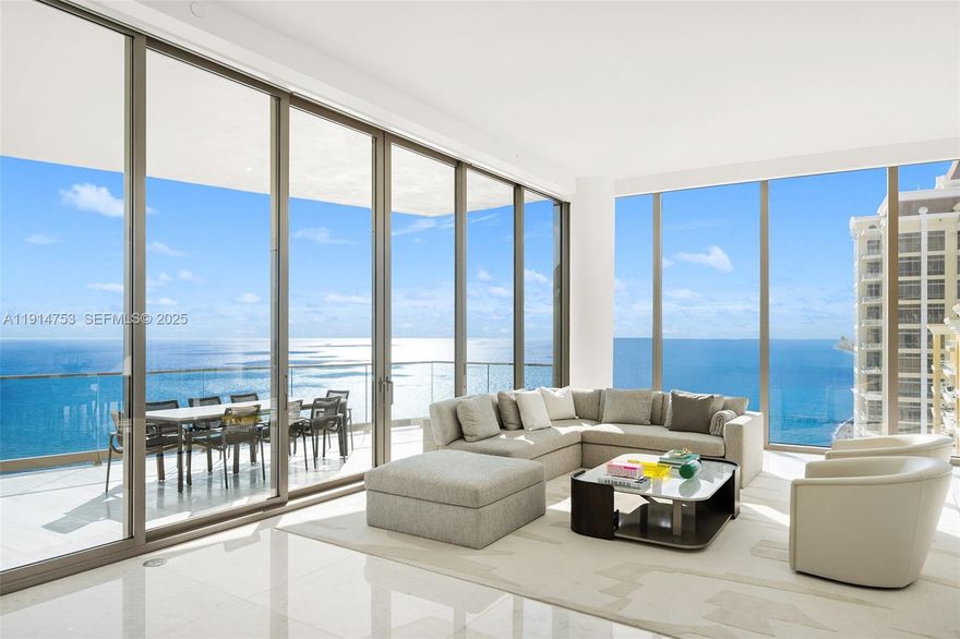 The most highly sought-after and rarely available unit type at The Estates at Acqualina, coined The World's Finest Residences! Located on the coveted south corner with endless views of the turquoise Atlantic and Miami's glittering downtown skyline, the 45th floor is unique with vaulted 12'6" ceilings lending to the residence's already-grand feel. Generous outdoor space featuring more than 1100sf of balconies with an oceanfront outdoor sauna. Impressively spacious layout with oversized great room ideal for families and for entertaining, separate family room, 4 bedrooms (convertible 5th), chef's kitchen with dual La Cornue gas ranges and other top-of-the-line appliances by Sub-Zero and Miele, luxurious/upgraded stone finishes including white onyx in all bathrooms with Dornbracht fixtures and Toto washlets. Enjoy the convenience of complete smart-home automation for lighting, audio/visual, climate and window shades. 

Bar-none, Miami's most luxurious oceanfront enclave with five-star world-class services and amenities that include Rolls Royce House Cars, five restaurants featuring Estiatorio Avra, Il Mulino and KeUh, three pools complete with FlowRider and waterslide, daily breakfast, cinema, skating rink, bowling alleys, F1 and golf simulators, basketball court, soccer field, and dedicated concierges.