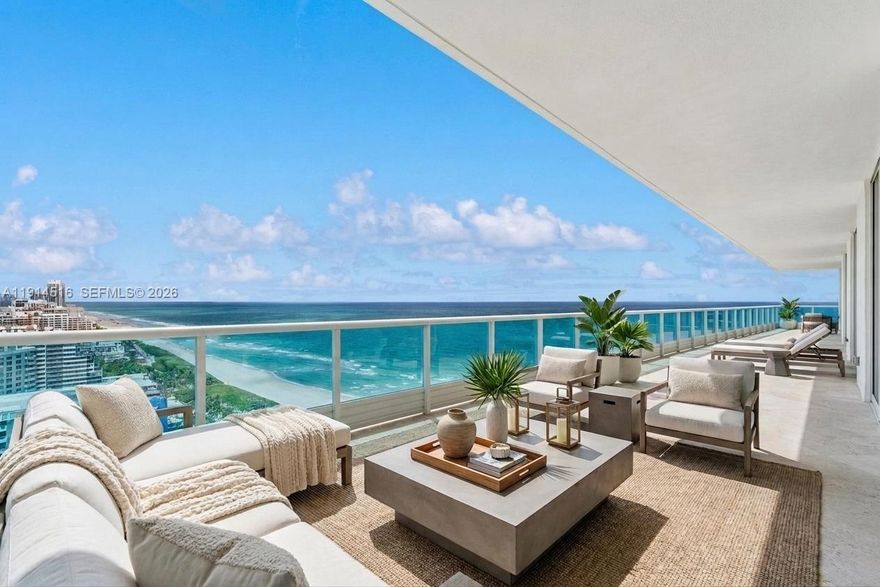 This exceptional penthouse offers remarkable space and ocean, city, and intracoastal views that fill every room. Adding to its scale, the property includes an oceanfront 1-bedroom cabana and 2 private guest quarters with ensuite baths. A private foyer, accessed by two elevators, opens into PH1, featuring 4 bedrooms, 4.5 baths, a den, and an additional office off the primary suite. The expansive primary bathroom includes his-and-hers walk-in closets and vanities, a separate shower, and a soaking tub facing Downtown Miami. A wraparound balcony spans the entire residence. The spacious kitchen offers a breakfast area and its own balcony. Located at Capobella, an exclusive boutique oceanfront building on Millionaire’s Row, the home also includes a dedicated laundry room and 5 parking spaces.