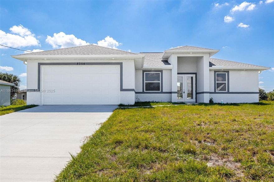 Beautiful new construction 4 BEDROOMS, 2 BATHROOMS. This home has a modern design including many features: Double glass door, tray ceilings, impact resistant doors and windows, all tile floors, floor to ceiling tiled master shower, 8' interior doors, 9' 4 ceiling height, stainless steel appliances, granite level 2, large size charming island, soft close cabinets, chandelier above dining room,  his & her walk in closets in master bathroom, a large size master shower, double sinks in master bathroom, automatic garage door opener, ceiling fans in bedrooms and great room, irrigation system, gutters in front, laundry room with a tub near garage, large size lanai under trusses.  A FREE 10 YEAR HOME WARRANTY!! (The fourth bedroom is a large office)