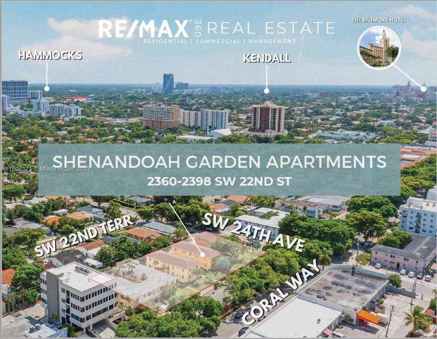 Welcome to the Shenandoah Garden Apartments, located at 2360-2398 SW 22nd St ( 01-4115-006-0450 & 01-41-15-006-0460) Spanning across two adjacent lots with a generous total area of 27,500 square feet, features a combined built area of 20,213 square feet. Positioned along the bustling Coral Way, this property boasts an impressive 270 feet of frontage, providing excellent visibility and exposure. Comprised of four interconnected buildings, the Shenandoah Garden Apartments offer a total of 26 residential units. The unit mix includes 16 spacious two-bedroom units, 8 comfortable one-bedroom units, and 2 cozy studio units. PLEASE DO NOT WALK ON SITE! CALL LISTING AGENT.