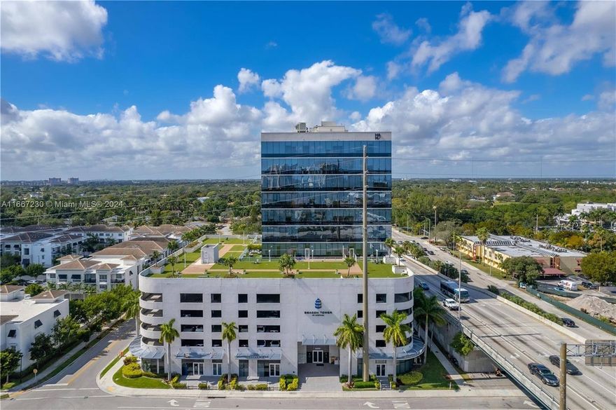 Office space available at Beacon Towers in Aventura, conveniently located near Aventura Mall, Brightline Station, Aventura Hospital, and Turnberry. The building features an impressive rooftop open-air entertainment area just down the hall. The office includes a glass-enclosed executive suite, a semi-private second office or conference room, and a spacious open work area. The floor plan is attached for easy reference. It comes with two adjacent assigned covered parking spaces on the 3rd floor. The office boasts white porcelain tile flooring, window treatments with translucent and blackout roller shades, and glass wall partitions, giving it a sleek, modern, and upscale feel. Located at the intersection of Biscayne Blvd/US-1 and Ives Dairy, it's just minutes away from the Brightline.