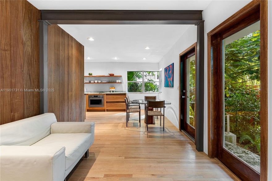 South of Fifth Beach Bungalow located on a premiere quiet block, nestled in a lush tropical botanical garden. This
2BD/2BA, 922 SF sanctuary blends natural textures with modern design. Warm white oak floors and Ipe wood
walls create a serene, organic backdrop accented by Italian custom-built furniture and décor. The kitchen is a
showpiece, featuring green marble counters, floating cabinetry, Blanco sinks, and a Fulgor Milano oven. The blue
Spanish-tiled bathrooms with skylights evoke coastal Mediterranean charm, while the LG laundry area and
Whirlpool dishwasher add everyday convenience. Experience true Miami Beach living in the heart of SoFi: a
coveted area with short distance to world-class dining and the beach.