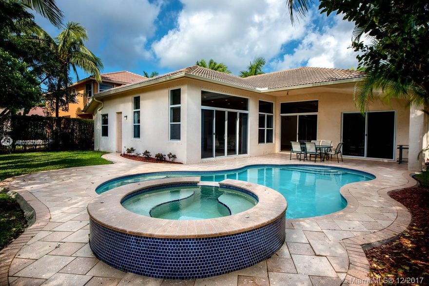 The Cove III. Lots of privacy in this tropical garden pool home. One story, three car garage with a circular driveway. Split floor plan, master bedroom and office/den on one side, three bedrooms and two full bathrooms in the opposite side. All family areas overlooking the heated pool with Jacuzzi and the tropical garden.
Excellent opportunity to be in the heart of Savanna with al the extra amenities that they offer.