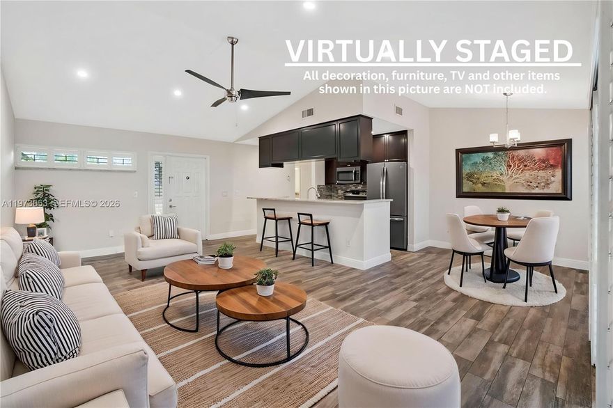 RARELY AVAILABLE 2 Beds /2 Baths Villa with 1-car Garage in Chelsea II.   Fall in love with this cozy, updated single-story unit with a large driveway, vaulted ceilings, stylish Plantation Shutters, tile flooring and an OPEN KITCHEN, perfect to entertain or cook gourmet meals.  Feel connected to nature on the screened-in patio.  MAJOR UPGRADES INCLUDE NEW PLUMBING PIPES and a newer roof. Guest parking available.  PET-FRIENDLY COMMUNITY with Recreation Center, Pool, Clubhouse, BBQ area and Kids area.   TOP LOCATION - NOVA SOUTHEASTERN UNIVERSITY, Broward College and FAU Davie Campus are in close driving distance!  Shopping, Dining, Entertainment and I-595 nearby.   Two year rental waiting period.   COME SEE IT TODAY !
