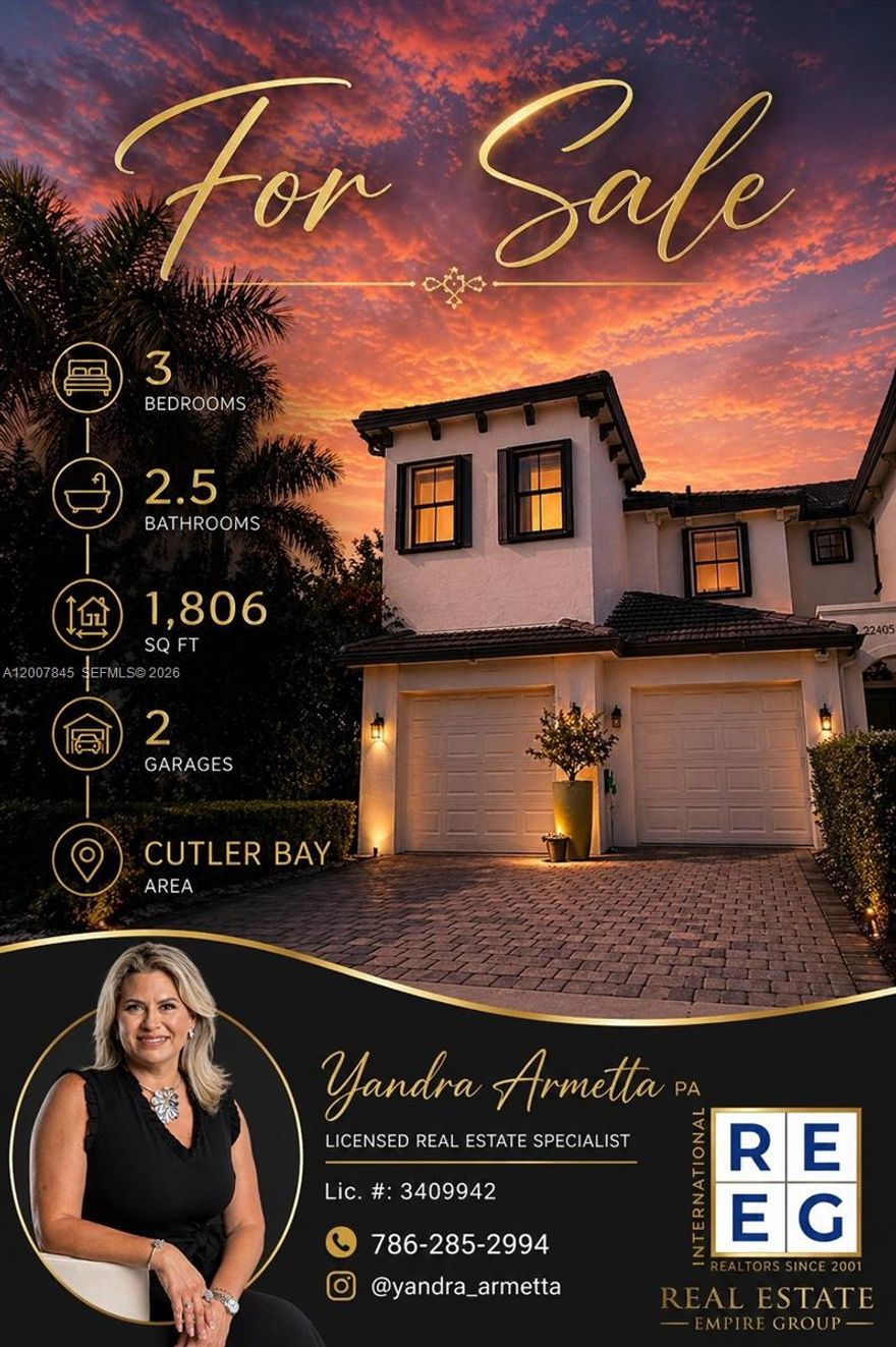 Beautiful Corner Townhouse in Gated Community! Spacious and well-maintained 3-bedroom, 2.5-bathroom corner unit offering 1,806 sq ft of comfortable living space. This home features a desirable open-concept layout with a modern kitchen overlooking the dining and family room, perfect for entertaining and everyday living. The kitchen is equipped with stainless steel appliances and ample cabinetry. 
The first floor boasts elegant ceramic tile flooring, while the second floor features durable laminate floors throughout. Enjoy an extra-large master bedroom with a generous walk-in closet, providing both comfort and functionality. One of the secondary bedrooms has been thoughtfully customized into an oversized walk-in closet, ideal for added storage or a luxury dressing space.
Additional highlights include hurricane shutters, a 2-car garage, and plenty of natural light thanks to its corner unit location.
Located in a private, gated community with a pool, offering both security and lifestyle convenience.
Don’t miss this incredible opportunity!