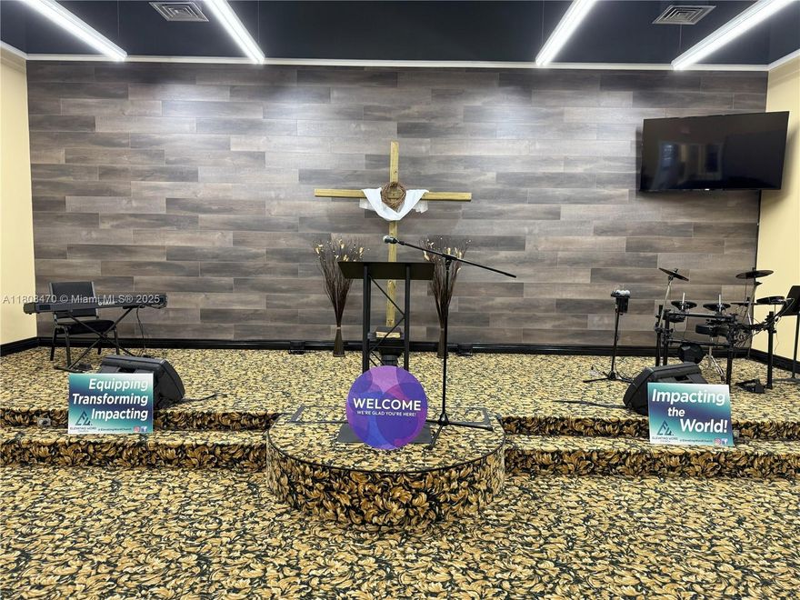 2000 sq ft Church in west Pembroke Pines, 100 seats with plenty of parking. Rate is for 2 services per week. Monthly rental includes: audio visual system, lights, Wifi and instruments. Live streaming equipment available for an additional cost. Available monthly schedule: Sundays after 1:30pm, Tuesday evenings, Wednesdays 9:00am to 6pm, Thursday evenings, Friday evenings, Saturdays all day.