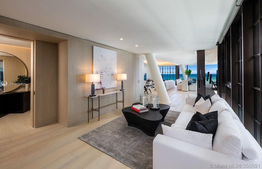 Arte, a boutique collection of 16 oceanfront residences by Citterio & Viel in collaboration with Kobi Karp. Arte features exquisitely finished, flow-through residences boast gracious living areas and expansive terraces with direct ocean and sunset views. Residences feature private elevator finger recognition entry, gas stoves, and temperature-controlled parking. Full service building with rooftop tennis court, outdoor and heated indoor pools, children's play room and direct beach access. Residence designed by Artefacto offering Immediate occupancy. Please note photos represent that of unit 802. *Price with furnishings is $11.1M  Residence offers 3127 SF interior space with corner terraces of 750 SF exterior.