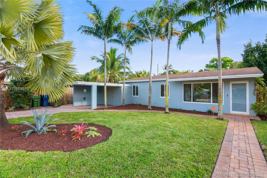 ***SQUARE FOOTAGE IS ACTUALLY 1057*** Mid century modern home in a quiet cul de sac in beautiful Wilton Manors. The home is completely remodeled with an open floor plan, modern kitchen and marble guest and en-suite bathrooms. Spacious interior, 3 beds, 2 baths. Site offers a large, private backyard with swimming pool and deck with shower. New impact windows and doors, new central a/c, refinished original terrazzo floors, and state of the art kitchen appliances. Carport with washer and dryer and room for extra storage. Sprinkler system ran by well not public water! Located within close distance of the shops, restaurants and entertainment district of Wilton Drive.