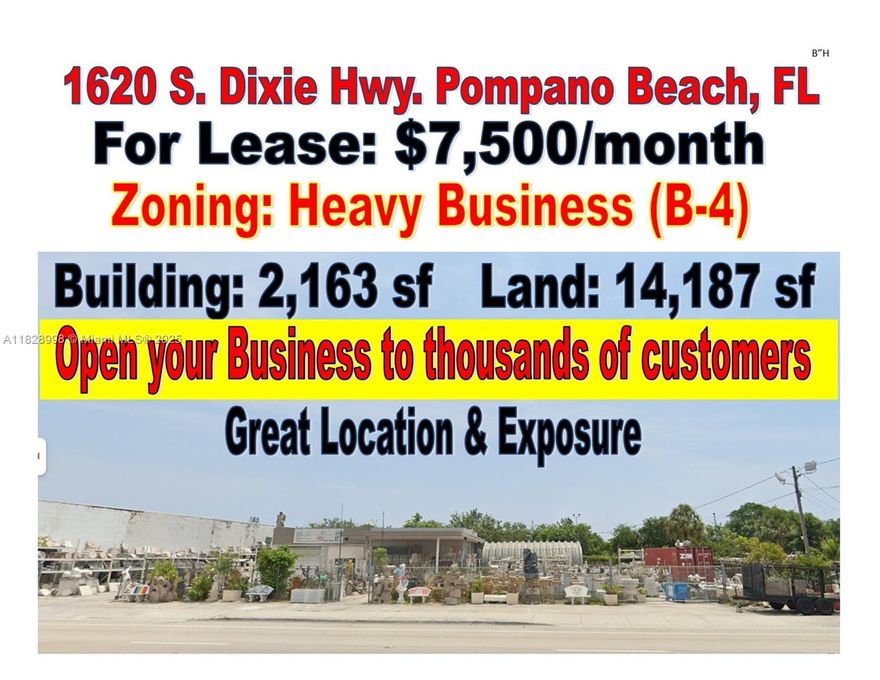 Great Opportunity to Lease a Commercial Building 2,163 sf in a lot of 14,187 sf, with a Commercial Heavy Business District(B-4) allow the following uses: Adult & Child Day Care, School, Art School, Medical Office, Urgent Care Facility 24 hours, Botanical Garden, Animal Grooming, Pet Hotel, Veterinary Hospital, Animal Shelter, Pet Shop, Boat or Marina Parts Sale & Repairs & Servicing, Boats Sales & Rentals, Amusement Arcade, Bar or Lounge, Brewpub, Nightclub, Restaurant, Automotive Painting or Body Shop, Muffler/Transmissions Sales & Installation, Automotive Repair & Maintenance Facility, Gas Station, Tires Sales & Mounting, Professional Office, Art, Music or Dance Studio, Dry Cleaning, Bank, Laundromat, Antique Store, Art Gallery, Convenience Store, Grocery Store,  Pawn Shop, Thrift Store