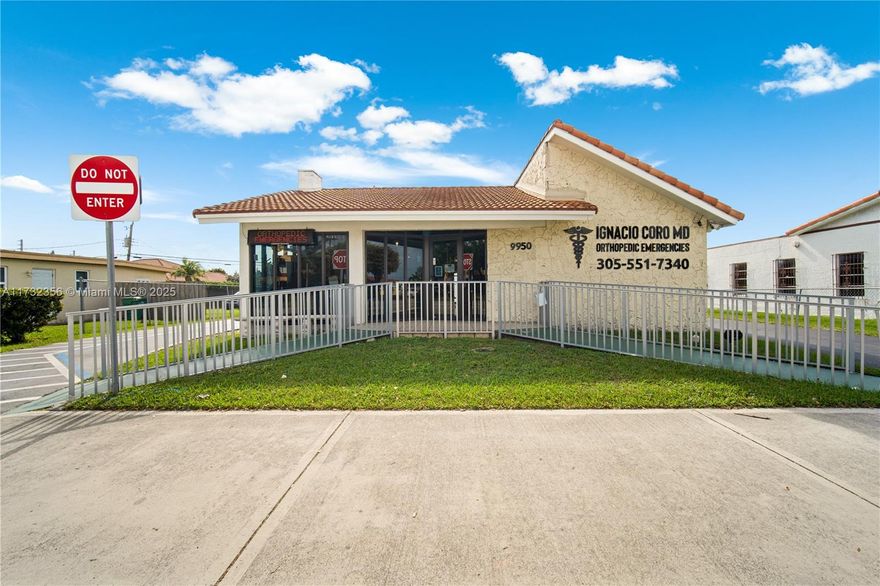 FOR SALE: Medical office building located at 9950 SW 40 Street, Miami, FL 33165. This 1,860 sq ft property sits on a 9,375 sq ft lot and is fully ADA-compliant. Features include a private parking lot, impact-resistant windows, multiple exam rooms, a private office, patient waiting area, reception desk, secure records storage, staff kitchen, two bathrooms, and an x-ray room. Located on Bird Road (SR 976), this property offers high visibility and easy access, ideal for most medical practices. 40-Year Recertification Completed!