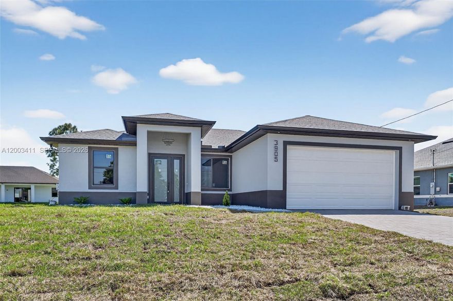 New-construction home in Lehigh Acres, FL: 3 bedrooms + den, 2 full baths. Open-concept living with abundant natural light and ceramic tile flooring throughout. Kitchen with stainless-steel appliances, stone countertops and center island; buyer may select final interior finishes and color palette. Spacious master suite with walk-in closet and dual-sink vanity. Energy-efficient windows, hurricane-rated doors and attached 2-car garage. Convenient to shopping, dining and major roadways. Ready for buyer personalization — inquire about upgrade allowances and timeline.