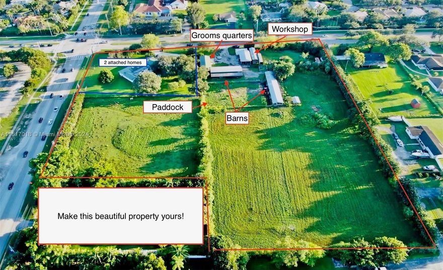 PRIME AGRICULTURAL LOCATION Currently Zoned AG Perfect for Equestrian Center/Lg. Animal Vet/Farming- Property fully fenced; 12 stall pole barn w/electric/plumbing, & feed room; groom qtrs & storage in CBS building w/electric, water, & septic tank; 10 stall pole barn w/breezeway-open pole barn for storage; workshop/machine shop w/220 outlet w/electric, sink w/water, 2 40' containers w/shelving on 2 sides, 2 pull down garage doors, concrete floor; paddock; storage shed elevated on cinder blocks ** 2 ATTACHED HOUSES 2006 Metal Roof w/tongue & groove treated wood. 4/3 SFR Pecan paneling; Pecky cypress walls; RiverRock Fireplace; Professional ballet studio; formal dining & living room; great room; & more 2nd home 3/2- SFR newer kitchen/bathrooms NO DEVELOPERS-sold w/folio 504032040018 per PDR