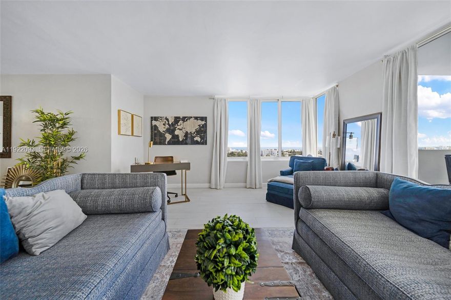 Rarely available, stunning corner Penthouse at Mirador 1200 (Line 15) offering captivating Miami Beach skyline views, panoramic ocean vistas, and spectacular sunrises. This expansive 1-bedroom, 1.5-bath residence features nearly 1,000 sq. ft. of interior space and has been thoughtfully updated throughout.
Enjoy hurricane-impact windows and doors, new A/C, an updated kitchen with granite countertops and stainless steel appliances, and a brand-new refrigerator. The generous open balcony and must-see spacious living room enhance the bright, airy feel of this exceptional home.
Mirador 1200 offers resort-style amenities including a bayfront pool, fitness center, hot tub, BBQ area, community room, bike storage, and an on-site convenience store, New hallways underway. The building is pet-friendly and features 24-hour lobby/concierge service.
Located in the desirable West Avenue neighborhood, you’ll be minutes from Whole Foods, Trader Joe’s, Fresh Market, Lincoln Road, shops, restaurants, and the beach. ** SPECIAL ASSESSMENT PAID IN FULL** Parking space for purchase at an additional cost.
