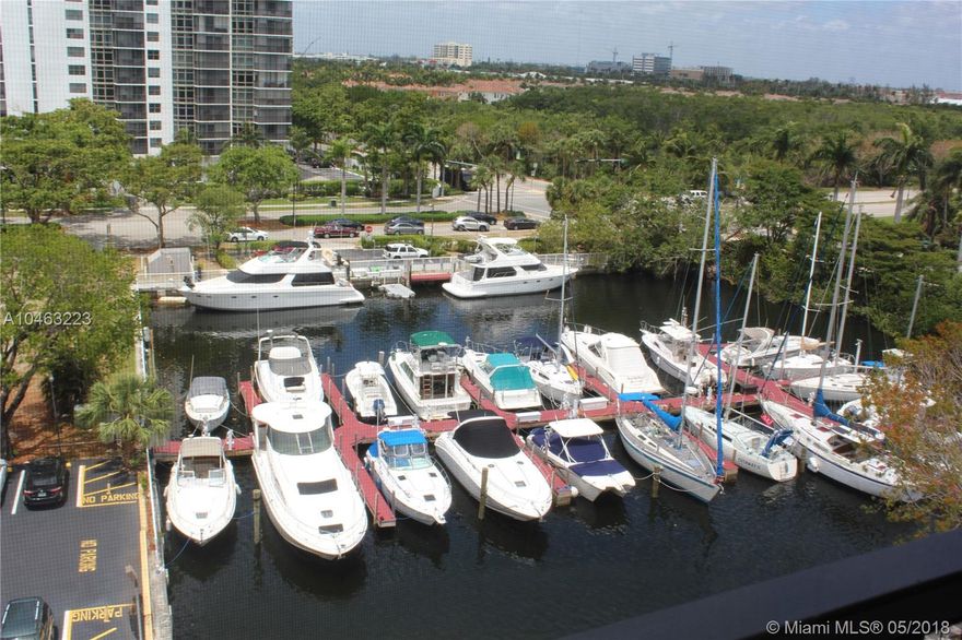 RARE - Penthouse (8th floor) unit!  END UNIT with accordian shutters all around! Can easily convert to a 2 bedroom 2 bath! Very spacious with beautiful views of the marina! Screened patio, split rooms, 2 full baths, separate bath and vanity in master suite.  Only a few blocks to Aventura Mall, Gulfstream park, Groceries and banking. Excellent A+ schools, and priced right. Across from Turnberry Golf Course with a 3 mile walk/run circle, bike rentals etc.  Beautiful Community pool, BBQ area, clubhouse, card room etc. Maintenance includes water, cable and amenities.  Service contract for appliances good through 2018.