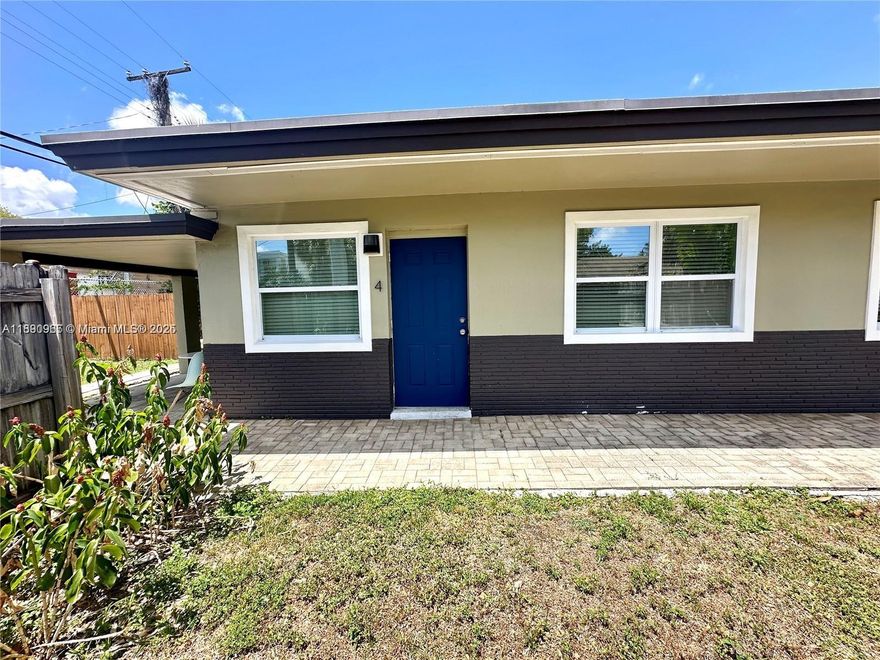 Updated 1-bedroom 1-bathroom apartment in a fenced fourplex in Fort Lauderdale. The renovated unit features laminate and tile floors, kitchen with stainless steel appliances (refrigerator, microwave/convection, electric cooktop) and granite countertops, impact windows and door, split unit AC, and its own semi-private front yard. Spacious and fenced yard with a covered patio shared with the other units. On-site free laundry facility. Rent includes water, pest control, and parking. 1 cat allowed (no dogs except emotional support or service animals with updated documents). Close to Wilton Manors, Flagler Village, Downtown, and Fort Lauderdale Beach. Easy access to I-95 on Sunrise Blvd. No HOA - Rapid approval.