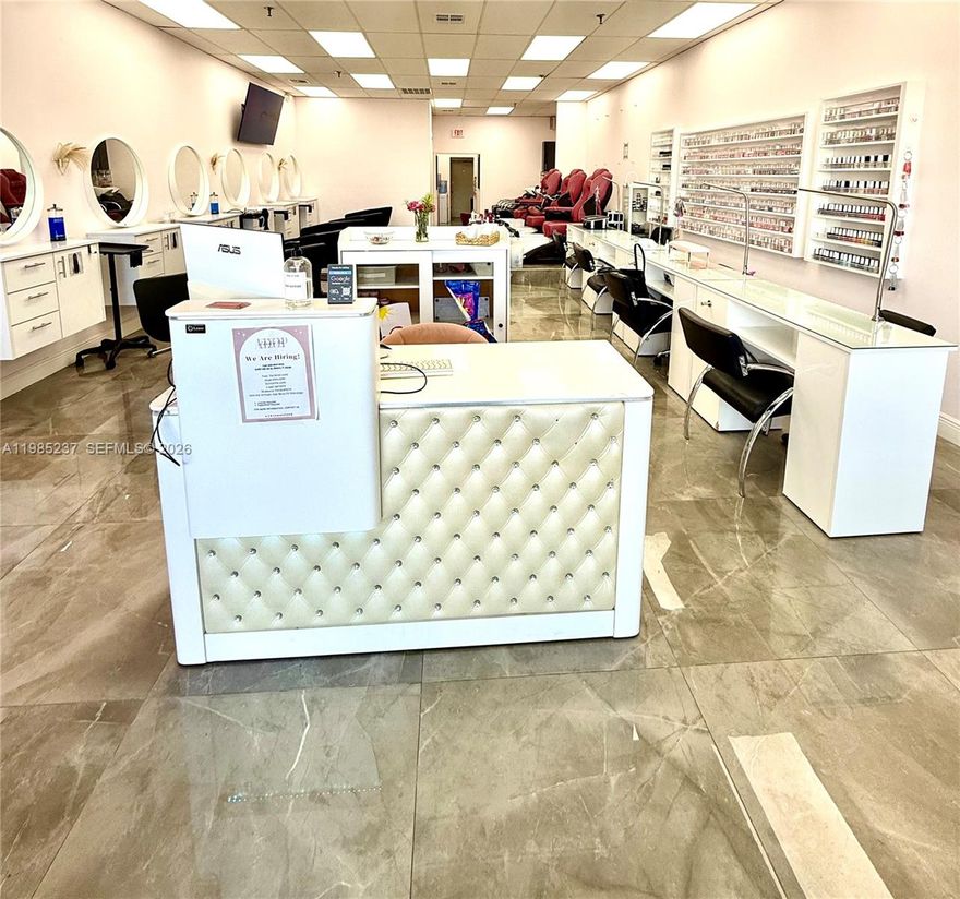 Excellent opportunity to acquire a fully operational and beautifully maintained beauty salon in a high-traffic area. This turnkey business features a modern, clean, and inviting layout with an established clientele. The salon is equipped with 4 manicure stations, 3 pedicure spas, 7 hairstyling stations, and 2 head wash stations, offering a full range of services and strong income potential. Located in an amazing shopping center with a Publix supermarket, providing excellent visibility and consistent foot traffic. Ideal for an owner-operator or investor looking to step into a stylish, ready-to-run salon with growth potential. CALL US ANYTIME, WE PICK UP!!