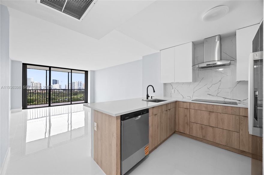 Breathtaking views from this 19th-floor residence overlooking the Turnberry Golf Course, lake, ocean, and Aventura skyline. This spacious 1 bed, 1.5 bath unit has been fully renovated with 32x32 porcelain floors, white quartz countertops, sleek backsplash, and top-of-the-line stainless steel appliances. New AC for year-round comfort. Coronado is modernizing with upgraded elevators, lobby, and hallways, and has completed its 40-year certification. Enjoy resort-style amenities: heated pool, jacuzzi, fitness center, sauna, 24-hour security, cable, internet, and hot/cold water. Prime location near Aventura Mall and the 3-mile walking/jogging path. Easy to show!