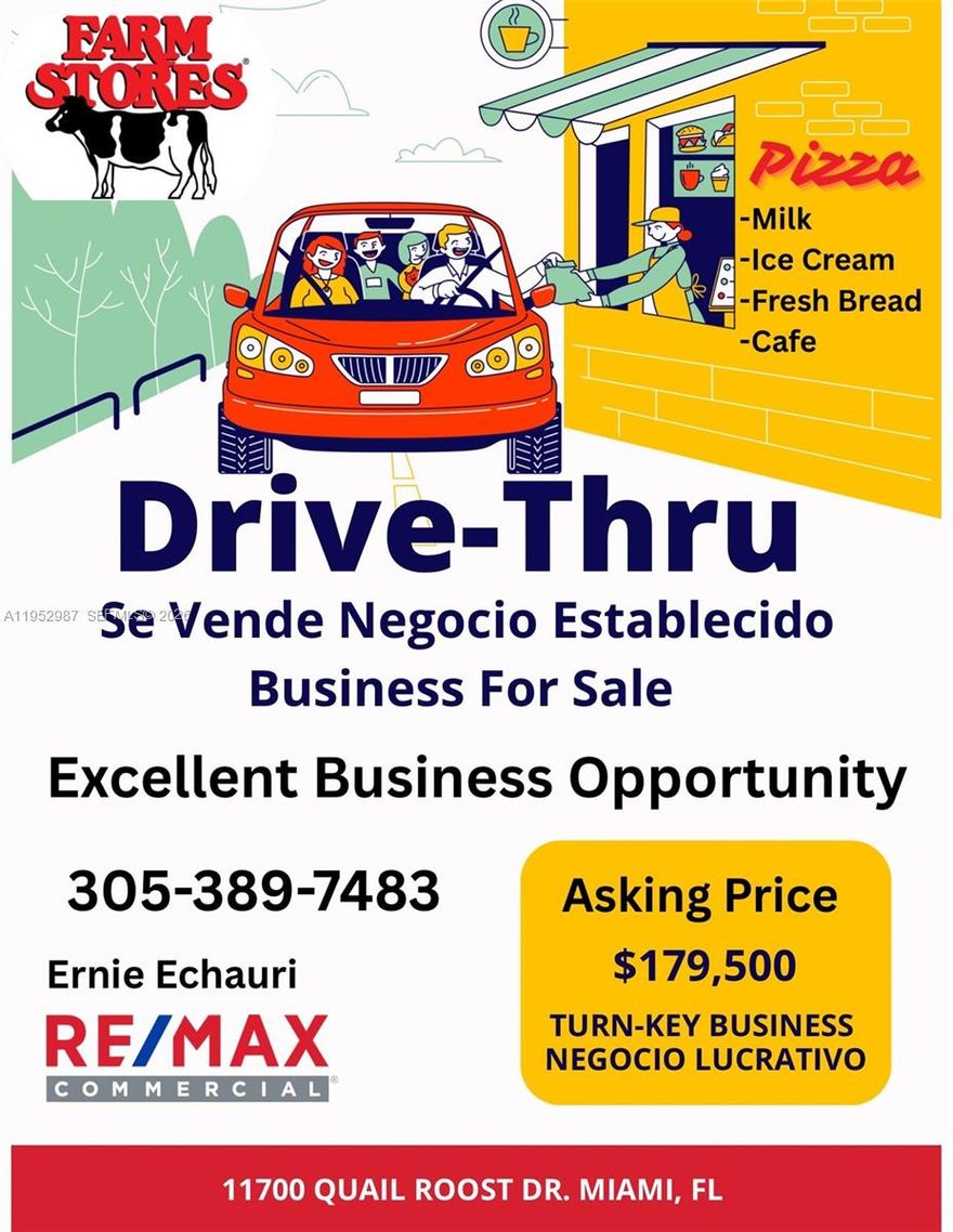 AMAZING OPPORTUNITY TO OWN A FARM STORE WITH A TWIST! 
This is not your regular “vaquita” Farm Store Drive Thru 
This location is strategically located in one of Miami’s busiest thoroughfares! Quail Roost Drive 
This location serves the community with its iconic branded Farm Store items everyone loves and enjoys abut also this location has an established clientele with its unique delicious Pizzas and other items! 
A really great opportunity to own a business that still offers great opportunities for growth 
PLEASE DO NOT VISIT LOCATION WITHOUT AN APPOINTMENT L/A MUST ACCOMPANY