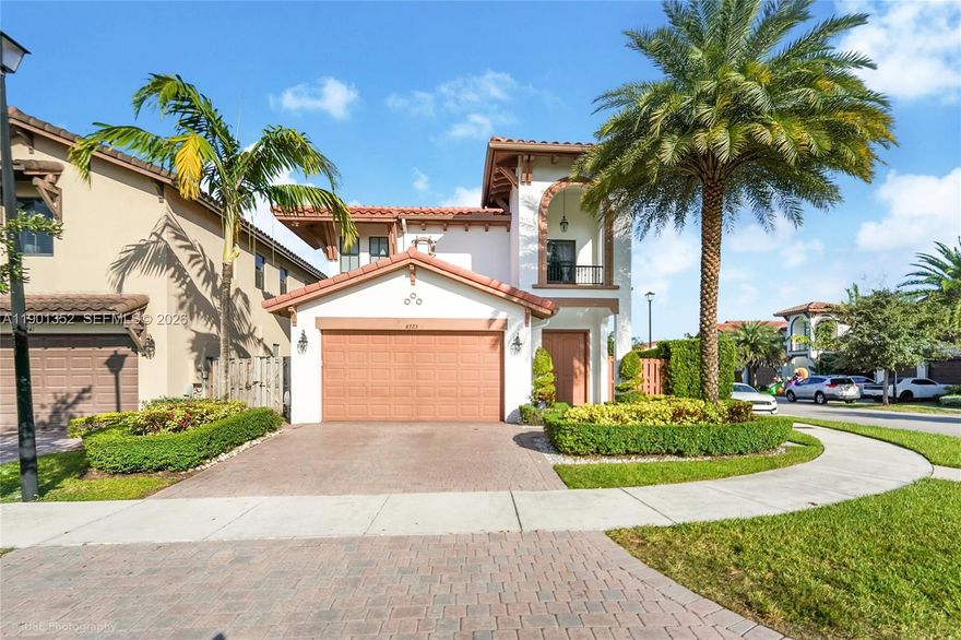 Elegant two-story home in gated Madison Pointe at Central Park. This 4-bed, 3-bath home offers 2,548 sq. ft of living area (3,025 total, 2,580 adjusted) with one bed and bath on the first floor. Situated on a premium 4,746 sq. ft corner lot across from the park, it features polished tile floors, open living areas, and a modern kitchen with granite countertops and stainless steel appliances. The fenced backyard includes a covered outdoor space for lounging and dining. Madison Pointe is a private community of only 64 homes with a manned gate and access to the nearby Grand Resort clubhouse. Walking distance to the clubhouse and surrounded by Doral’s premier nature preserve.
