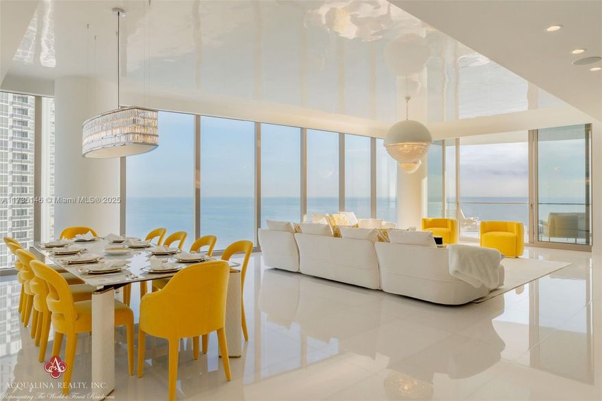 Unparalleled luxury in this direct oceanfront corner residence at the exclusive North Tower of The Estates at Acqualina. This meticulously turnkey residence offers  4 Bed, 5.5-bath and comes furnished with Fendi, Trussardi, Versace, and Bentley.Custom closets, electric shades, designer wall coverings, and an elegant fireplace elevate the ambiance, while a La Cornue gas range and pizza oven create a culinary haven. Enjoy breathtaking ocean, intercoastal, and city views from two expansive terraces featuring a summer kitchen and private sauna. Residents indulge in world-class amenities, five-star service, resort-style pools, ice skating rink, bowling alleys, and bespoke wellness experiences. Own a piece of  paradise and experience the Acqualina lifestyle. Acqualina Realty Office On-Site.