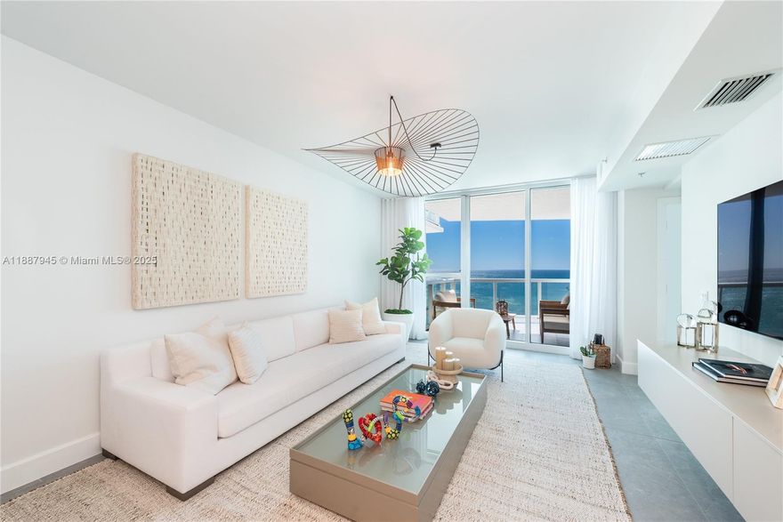 Mosaic Condo is an exclusive boutique building in Miami Beach with only 84 residences. This completely remodeled thru-unit features 3 spacious bedrooms, 3 bathrooms, and private balconies showcasing both direct ocean views and city skyline vistas. The open living area connects seamlessly with a gourmet kitchen, breakfast bar, and dining space, complemented by sleek tile floors and custom finishes throughout. The oceanfront primary suite offers balcony access and abundant natural light. Residents enjoy resort-style amenities including beach access with service, oceanfront pool, state-of-the-art gym, cinema, party room, concierge, valet, and 24-hour security—delivering the perfect mix of boutique privacy and Miami Beach luxury. Furniture can be included in the sale.