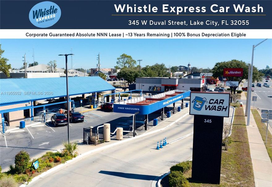 The subject property is a Whistle Express Car Wash in Lake City, FL benefiting from over 19,000 cars per day. The property is leased on an Absolute NNN basis with about 13 years remaining, guaranteed by Whistle Express, which recently acquired Take 5 Car Wash to form the nation’s largest express wash operator.

Backed by Oaktree Capital Management (over $200 billion in assets under management), the tenant offers strong financial backing and long-term stability. The lease features 1.75% annual rent increases and four (4) renewal options, and the investment is eligible for accelerated depreciation, resulting in a fully passive and tax-efficient ownership opportunity.