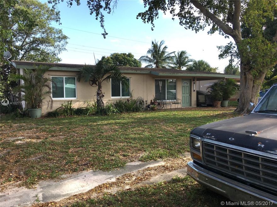 NO HOA! Single family home in desirable Playland Village within walking distance of the elementary school and Broward College. 3 bed/1.5 bath, large dining room, New A/C 2014, new roof 2009, impact windows (except for 1 door) installed 2014. Large backyard with a shed, gas stove & water heater. Does not convey:bird bath,outside freezer, cabinet on patio,swing.