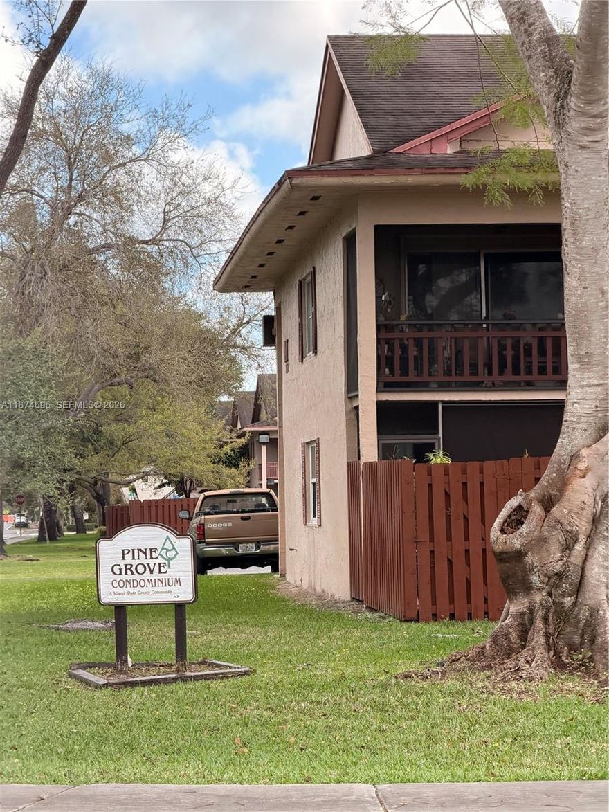 Unique ground floor corner unit in Pine Grove, unique with patio, close to everything. Shopping, highways. This 2/2 apartment has ceramic flooring throughout, offers a spacious living/dining room, spacious bedrooms, bathrooms, and kitchen. The large patio, with plenty of space for outdoor furniture, is ideal for relax and enjoy the beautiful green areas that surround Pine Grove Condominium. The unit is steps from the pool, picnic tables, grills and playground. The apartment has one assigned parking space and plenty of guest parking. Apartment rented until October 2026 for $2,100 per month. Great location in East Kendall, close to major highways. Great investment.