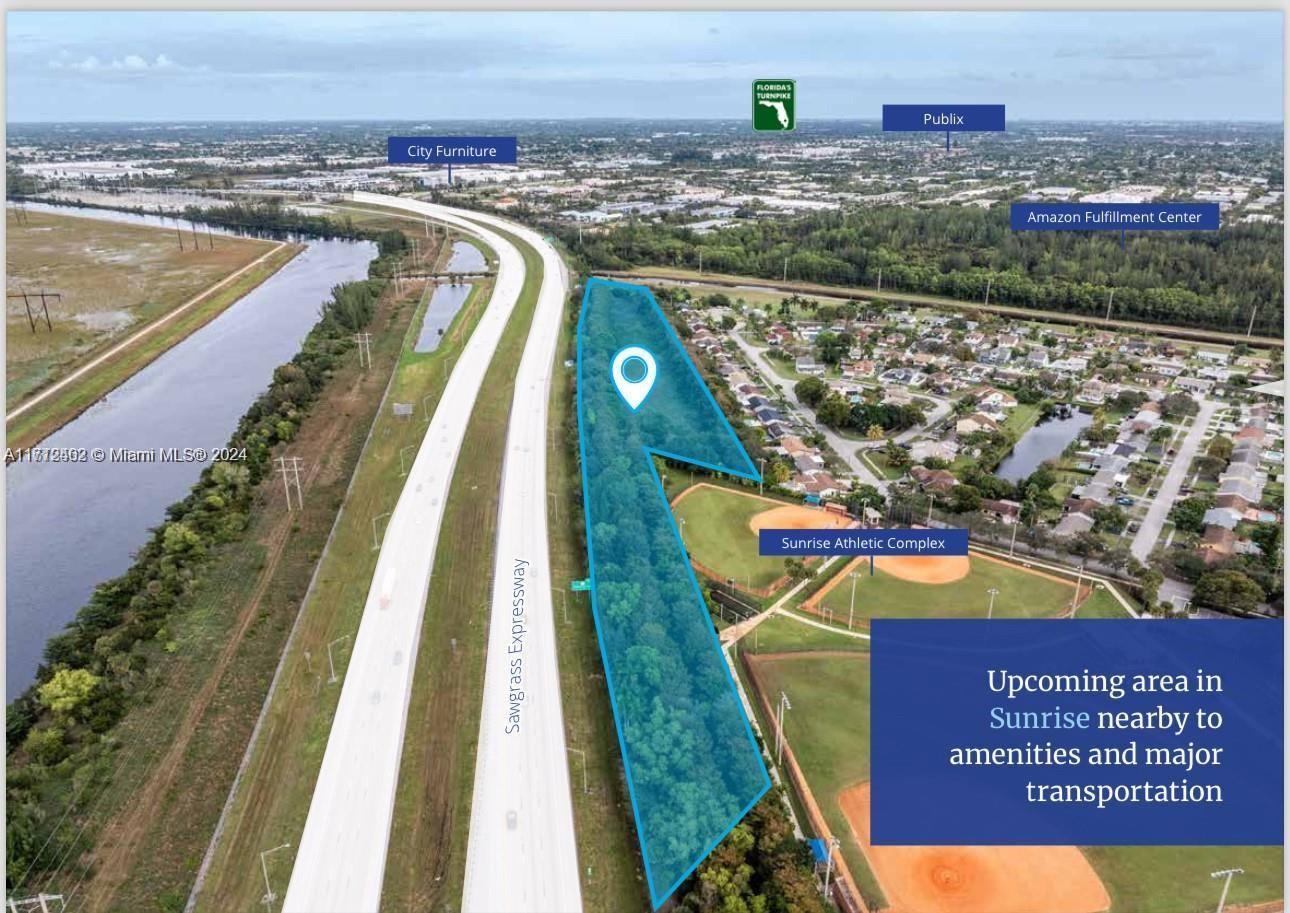Prime location along Sawgrass Expressway in Sunrise, Florida. 4 acres for commercial land lease. Excellent accessibility near the Amerant Bank Arena. Adjacent to major transport routes and upcoming Amazon fulfillment warehouse. This is an exceptional opportunity to lease in a prime location.