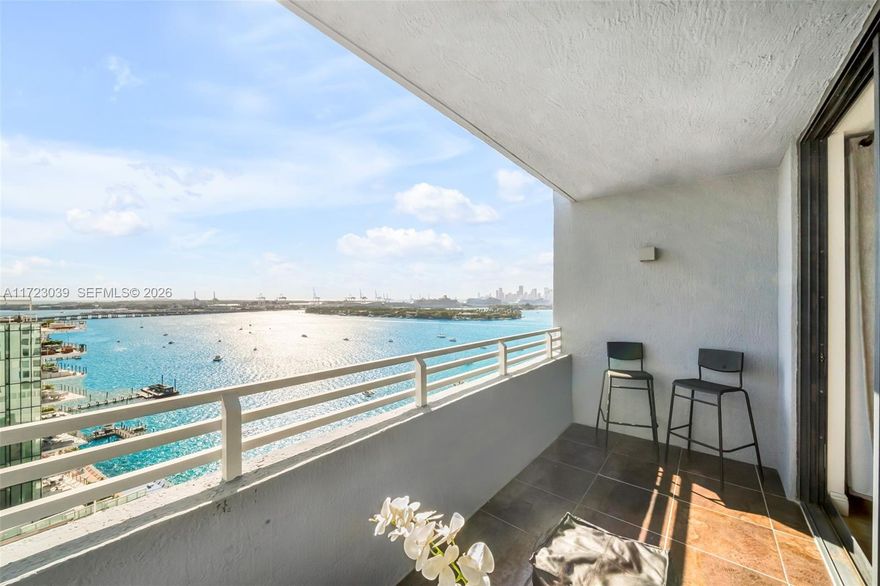 Unwind from your long days on your private balcony watching Sunsets so unreal they look AI Generated. This 2/2 split floor plan boasts stunning views of the ocean and Biscayne Bay.  It's Southern exposure bathes the apartment in warm natural light. Features include Foyer Entry, Open Kitchen, Dining Area, Washer/Dryer.  Feel like you're on an eternal vacation in this Resort Style Waterfront Complex enjoying Bayfront Pool, Huge Gym, Spa, Volleyball, Tennis, Putting Green, with 2 Outdoor Kitchens & KOI Garden, Party Room & Business Center, Electric Vehicle Charging, Concierge & Security. Cable & Internet Included.