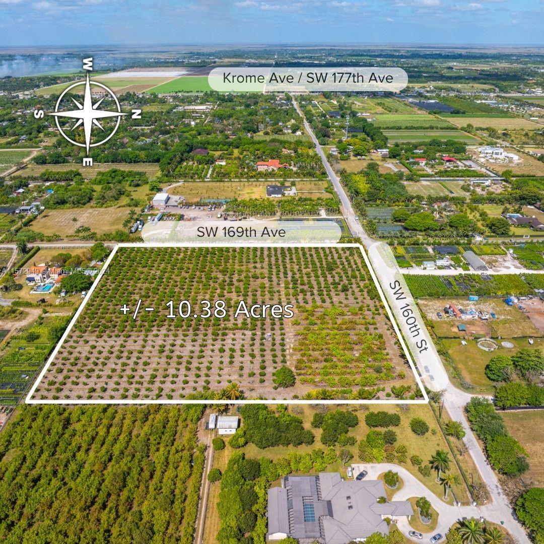 Exciting Opportunity to Subdivide, Develop and/or Farm 10+ Acres of Land East of Krome Avenue! This expansive property spans approximately 10.38 acres and presents a multitude of possibilities for buyers including subdivision into two lots. Nearby residents have built luxurious estate homes while others have utilized the land for agricultural purposes. Miami-Dade County also permits the establishment of a bed and breakfast with up to 12 rooms. Property is currently used to farm avocados, mamey, lychee, and coconuts and has access to electricity, fiber internet and cable. Flood Zone X. For most convenient access, take Krome Avenue and head east on SW 160th St. Information believe to be correct, but accuracy is not guaranteed. Buyers should verify intended use with Miami-Dade County.
